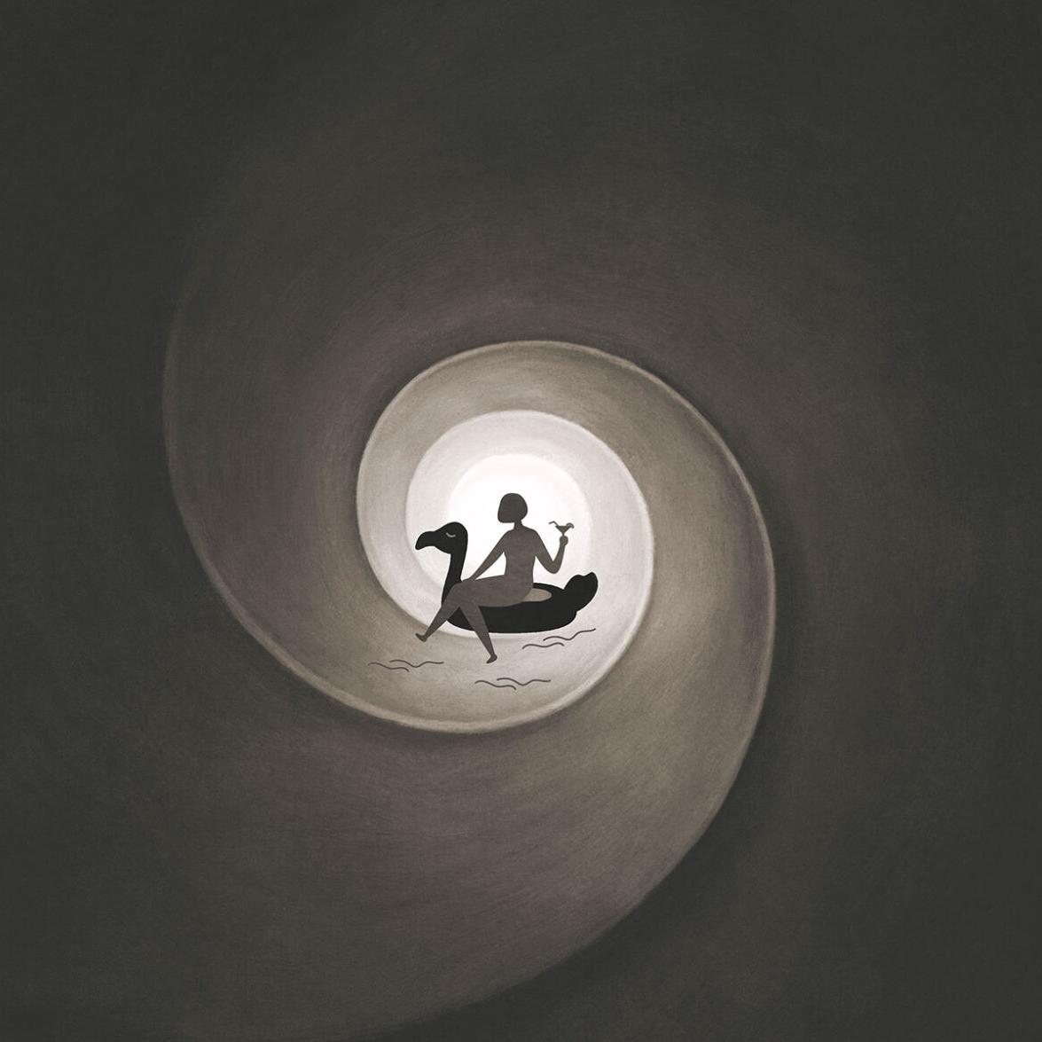 A illustration of a woman drinking a drink, sitting on a float in the middle of a tunnel